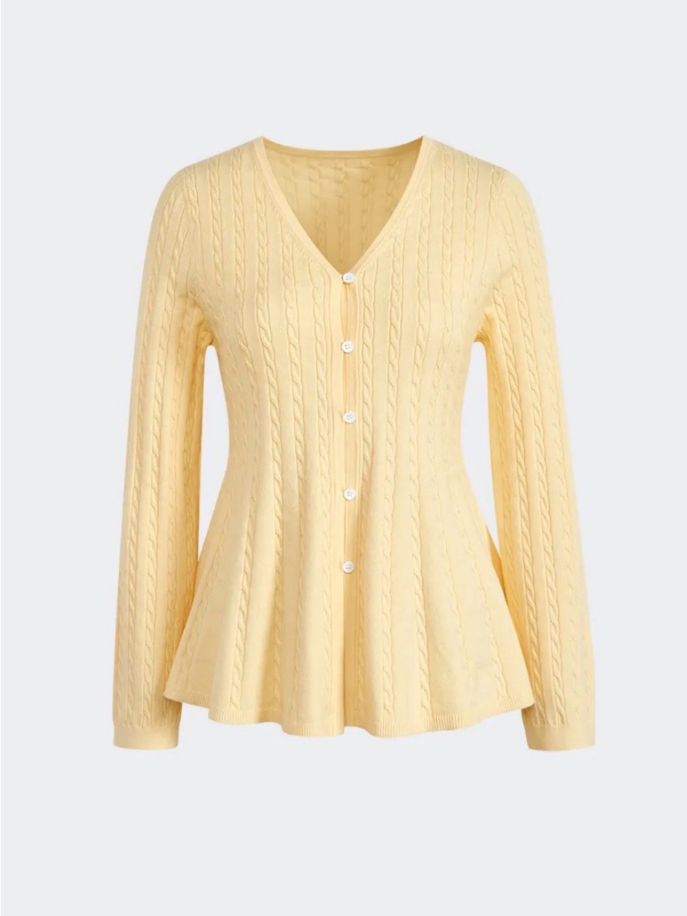Women's Pale Yellow Cable-Knit V-Neck Button Cardigan